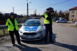 Funkcjonariusz ruchu drogowego stojąc przy radiowozie na ul. Krakowskiej dokonują pomiaru prędkości jazdy pojazdów.