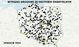 Mapa wypadków drogowych ze skutkiem śmiertelnym – WAKACJE 2019