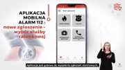 plakat zachęcający do korzystania z aplikacji na nim smartfon i kobieta i numer alarmowy