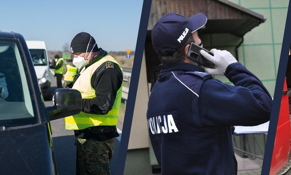 Funkcjonariusz Straży Granicznej oraz policjant sprawdzają kwarantanny.