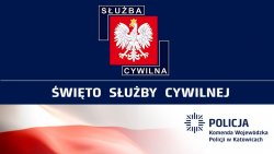 Życzenia Komendanta Wojewódzkiego Policji w Katowicach z okazji Święta Służby Cywilnej napis na niebieskim tle. Pod napisem Flaga Narodowa