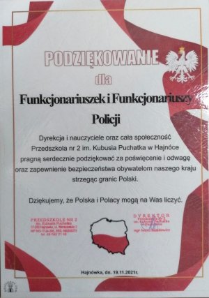 Podziękowanie dla Funkcjonariuszek i funkcjonariuszy Policji od Dyrekcji Przedszkola numer 2 w Hajnówce