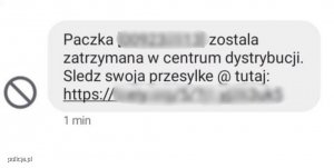 Fałszywa wiadomość sms o tym, że nasza  paczka utknęła w centrum dystrybucji i zachęta do kliknięcia w link