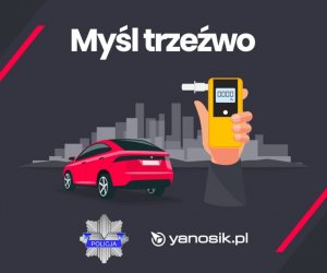 Myśl Trzeźwo napis, alkomat i samochód rysunkowy na czarnym tle