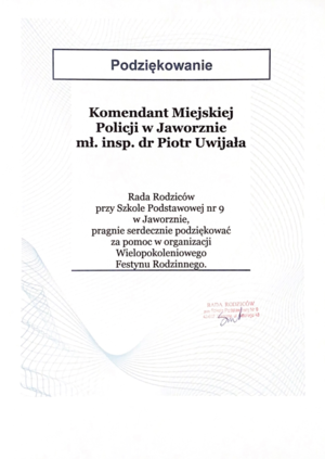 Podziękowania  dla Komendanta Policji za pomoc w organizacji pikniku wielopokoleniowego