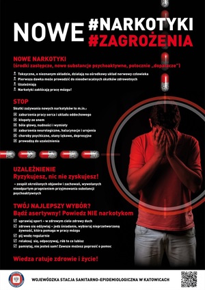 plakat, czarne tło a na nim informacje związane z profilaktyką przeciwdziałania narkotyków i środków psychotropowych