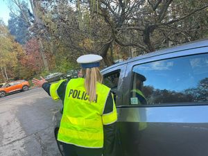 na zdjęciu umundurowana policjantka wskazuję kierunek jazdy kierowcy