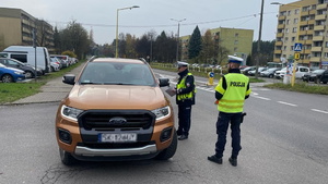 na zdjęciu policjant dokonujący legitymowania kierowcy znajdującego się w samochodzie, obok stoi drugi umundurowany policjant