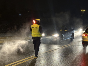 na zdjęciu umundurowany policjant zatrzymuje pojazd do kontroli